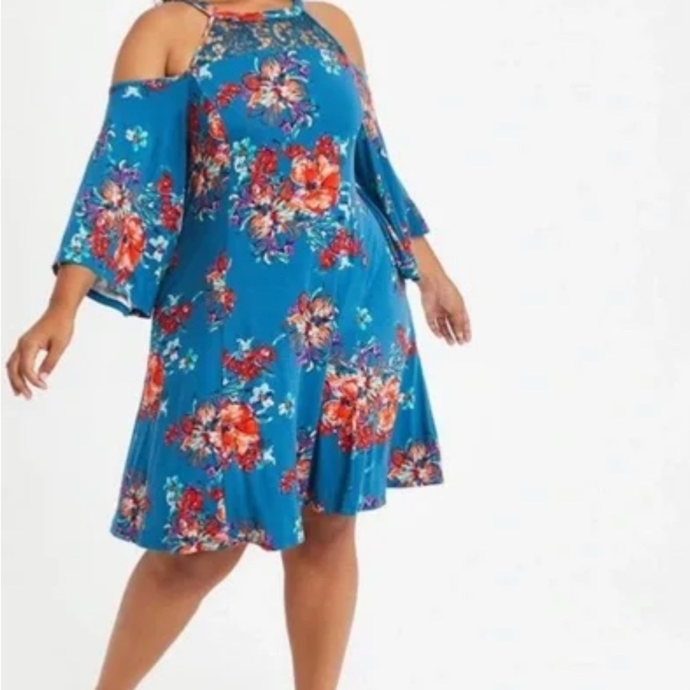 56.. Torrid Blue Pink Ruffled Cold Shoulder Dress